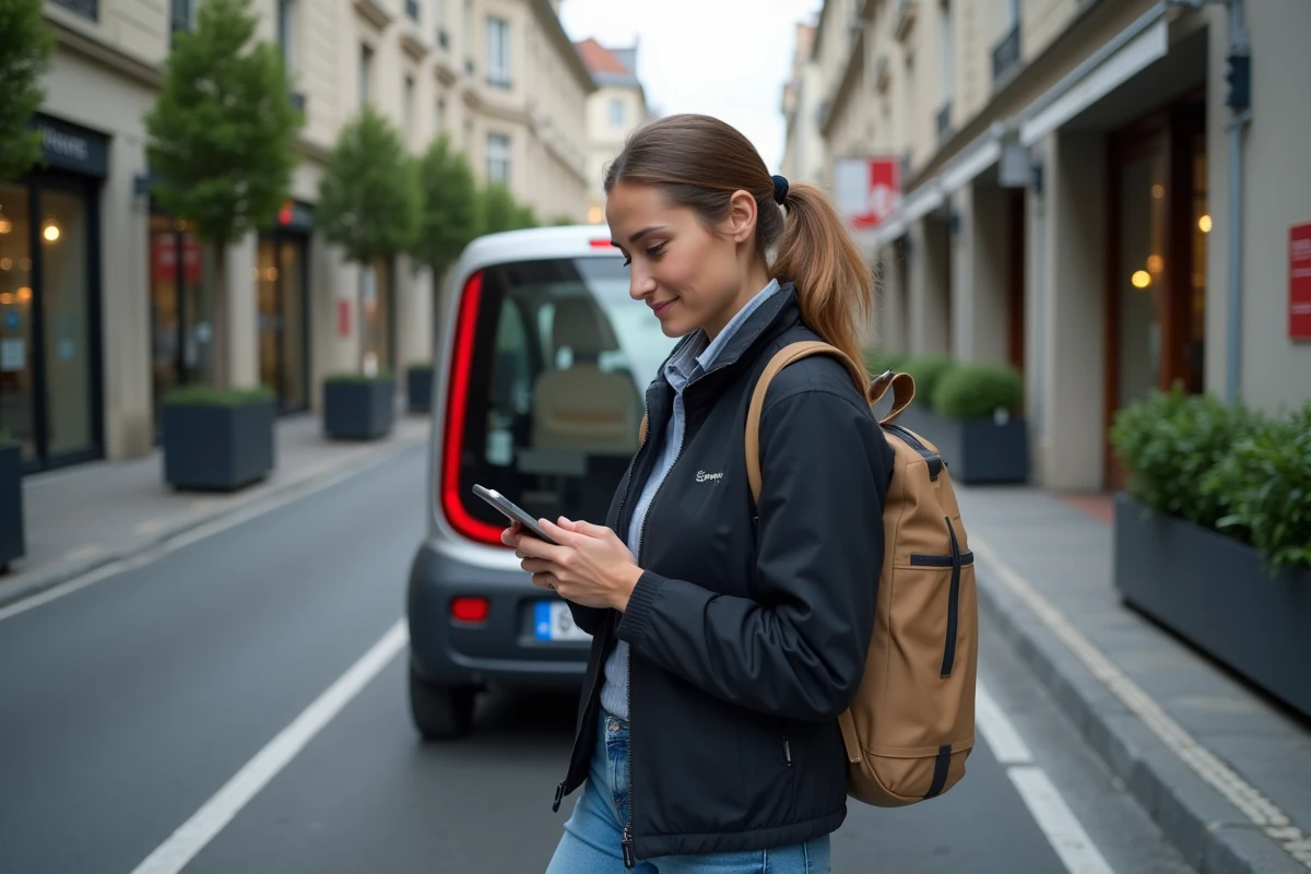 Livreuse consultant son application devant un véhicule électrique garé en zone de livraison pointillée