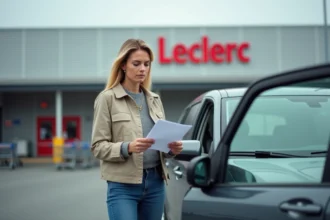 Femme examinant un contrat de location de voiture pas cher dans un parking Leclerc