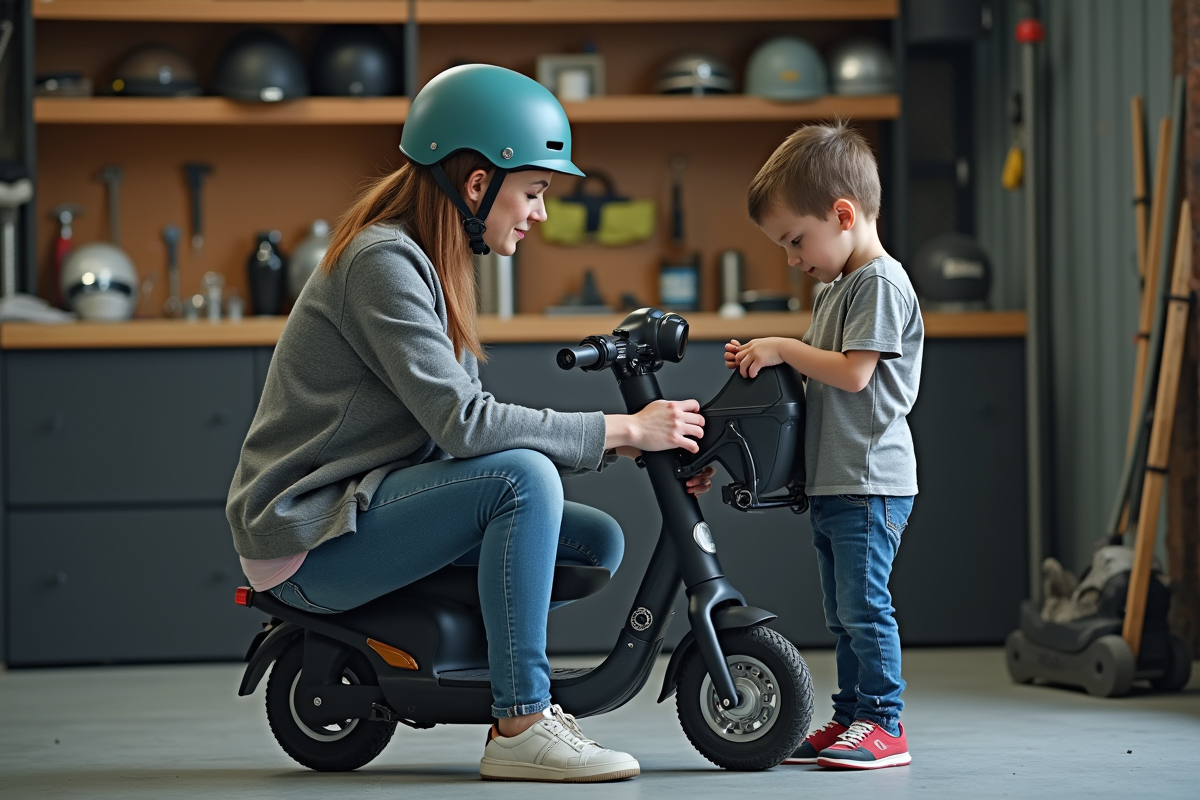 Maman prépare un siège pour scooter avec son enfant