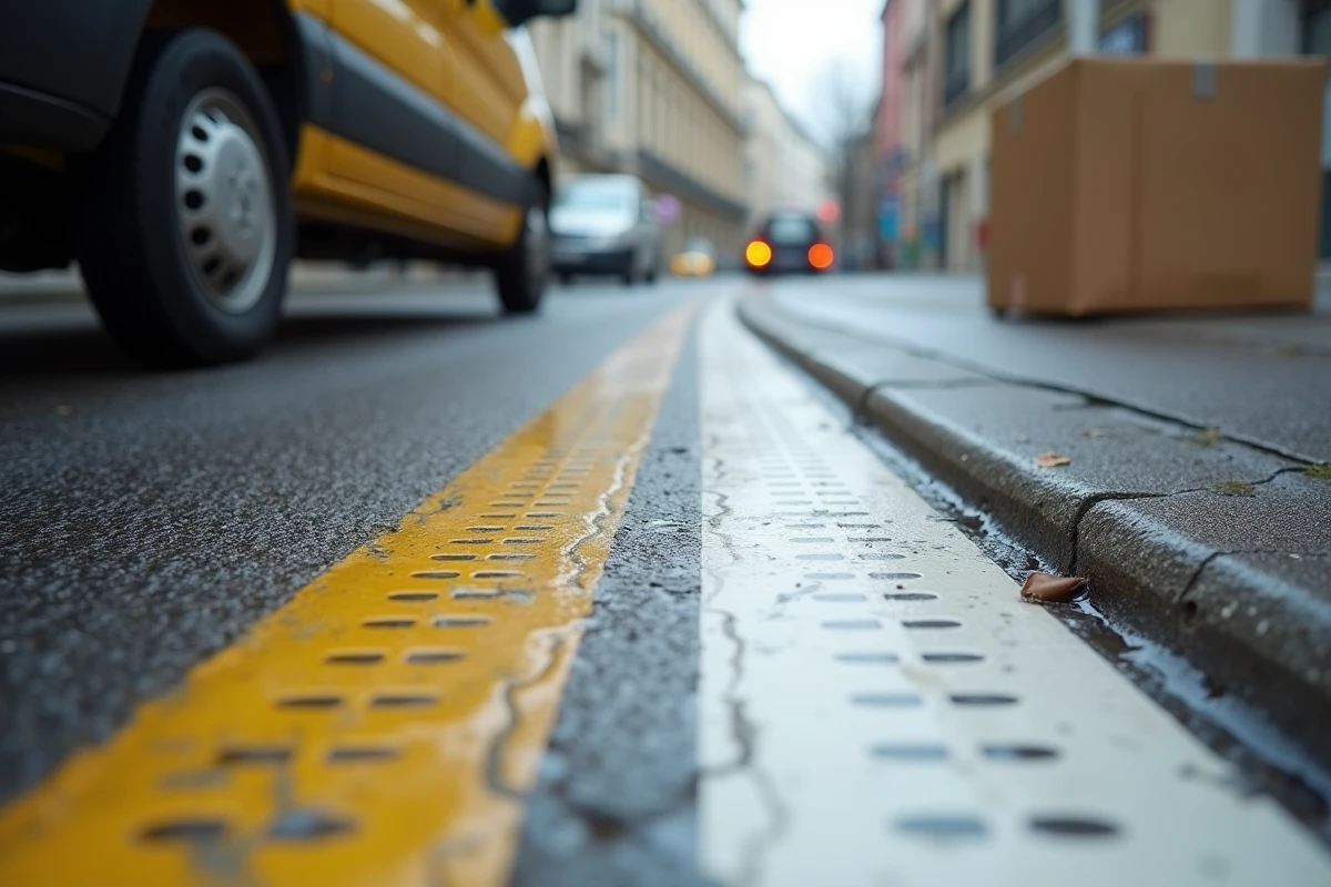 Gros plan sur les marquages au sol pointillés d'une zone de livraison urbaine humide