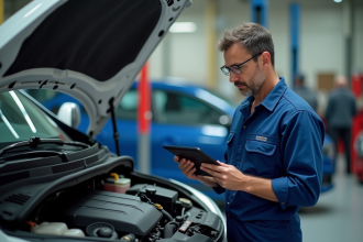 Mécanicien homme en bleu examinant un moteur Renault