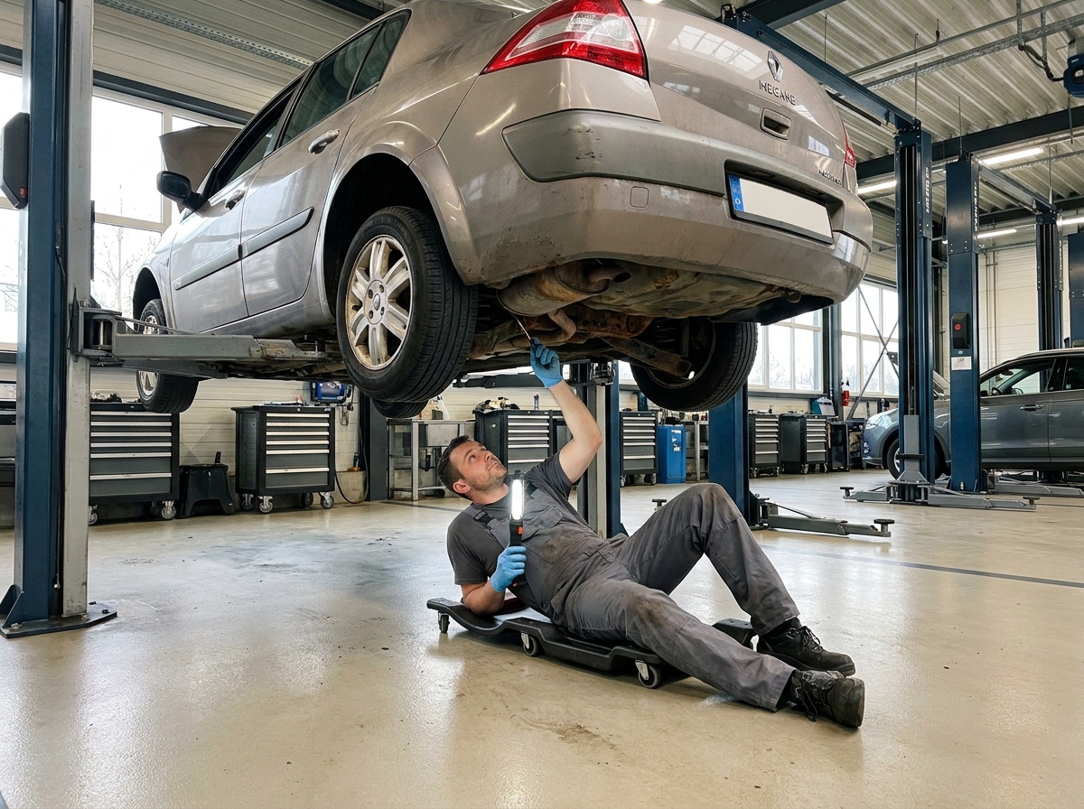 Mécanicien inspectant le dessous d'une Renault Mégane d'occasion sur un pont élévateur en atelier de concession