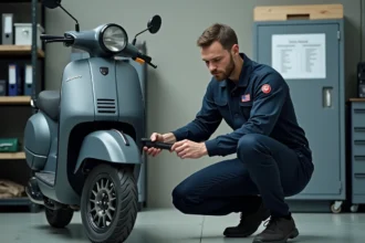 Mécanicien effectuant un contrôle technique sur un scooter dans un centre de contrôle agréé