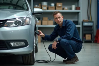 Mécanicien professionnel branchant un boîtier diagnostic OBD2 Veigaro sous le tableau de bord d'une voiture en atelier