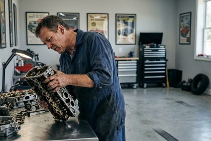 Mécanicien homme inspectant un moteur dans un garage