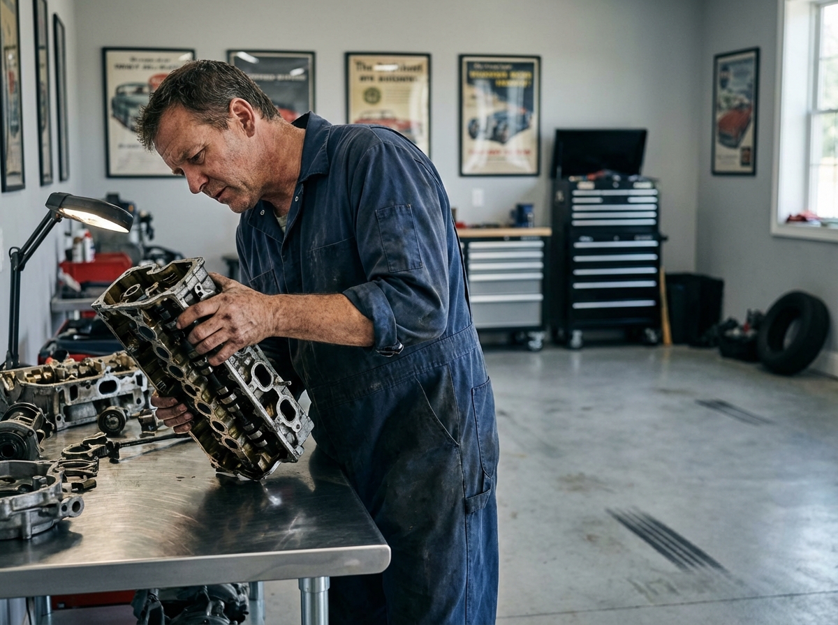 Mécanicien homme inspectant un moteur dans un garage