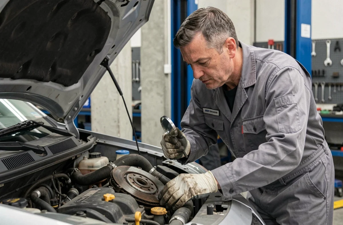 Mécanicien inspectant le moteur et l'embrayage d'une Suzuki Swift 1.3 DDIS sur un pont élévateur en atelier