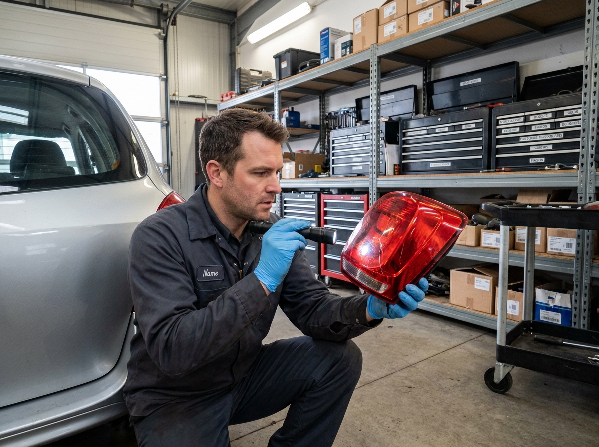 Mécanicien inspectant un feu arrière endommagé sur une berline compacte dans un atelier automobile