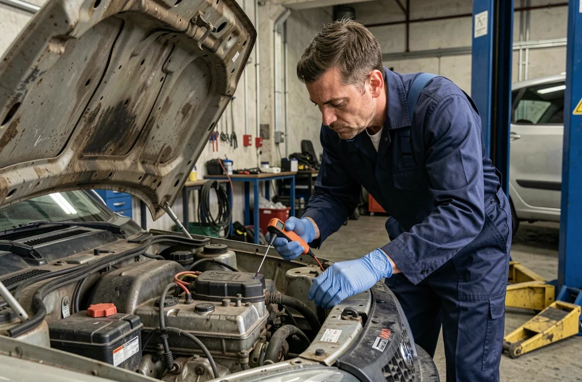 Mécanicien inspectant le moteur d'une voiture sans permis dans un atelier de réparation automobile indépendant