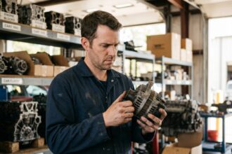 Mécanicien automobile inspectant une pièce détachée d'occasion dans un atelier de réparation