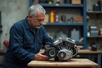 Mécanicien homme inspectant un moteur de moto en atelier