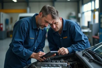 Mécanicien professionnel inspectant un moteur diesel 1.5 dCi Renault K9K dans un atelier automobile