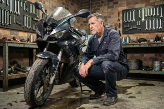 Mécanicien inspectant une moto accidentée dans un garage, illustrant l'assurance moto tiers garage mort