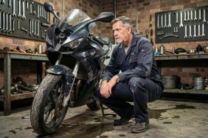 Mécanicien inspectant une moto accidentée dans un garage, illustrant l'assurance moto tiers garage mort
