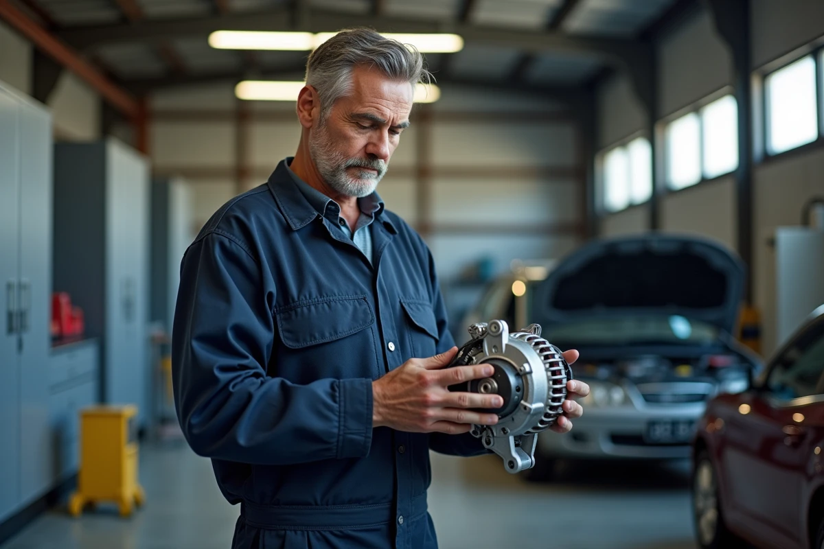 Mécanicien en overalls examinant un alternateur dans un atelier