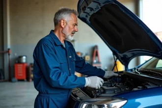 Mécanicien homme examinant le moteur d'un véhicule moderne