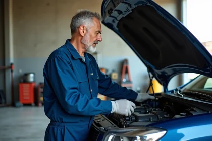Mécanicien homme examinant le moteur d'un véhicule moderne