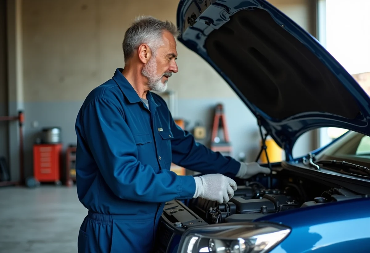 Mécanicien homme examinant le moteur d'un véhicule moderne