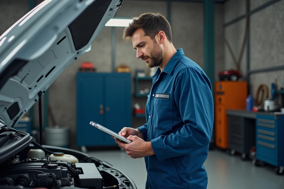 Mécanicien homme en bleu examinant une voiture moderne