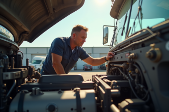 Mécanicien professionnel inspectant un moteur de camion d'occasion