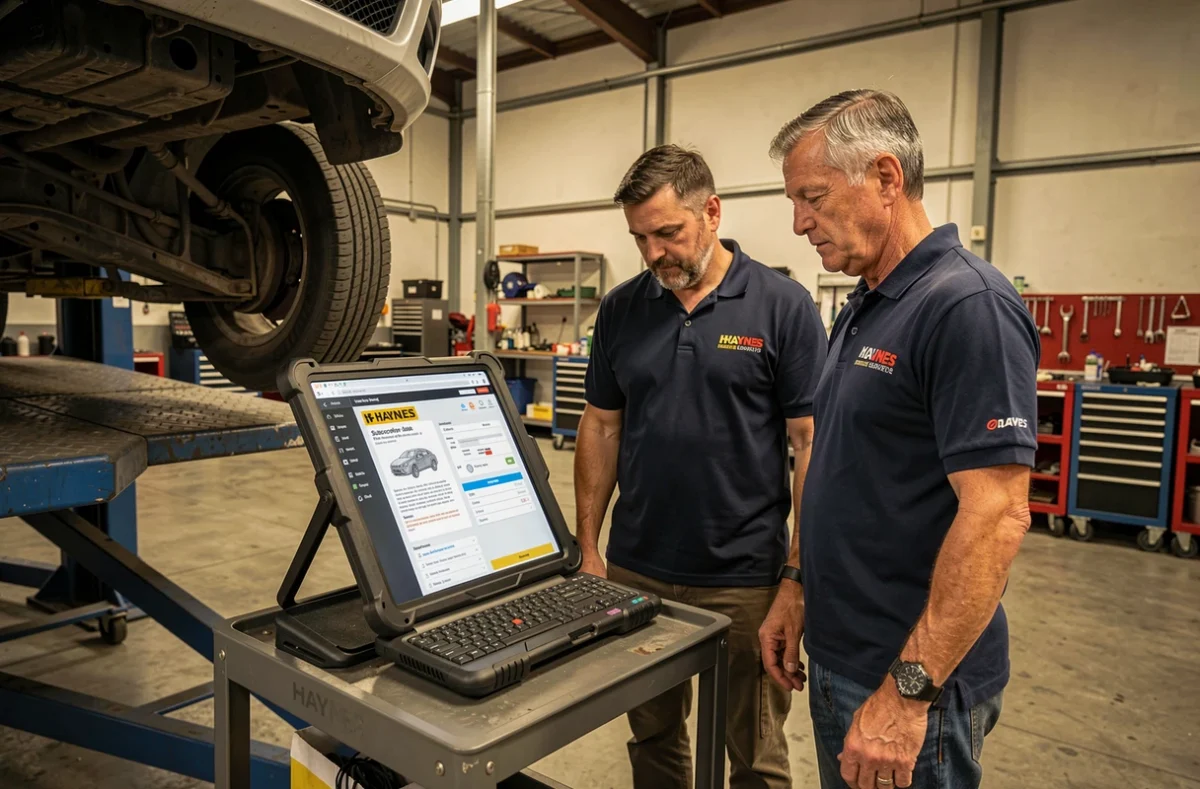 Deux mécaniciens professionnels consultant une documentation technique numérique sur chariot tablette dans un atelier automobile