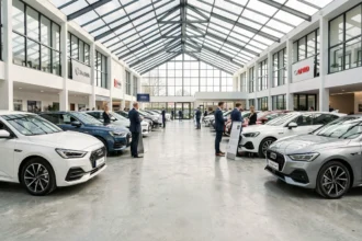 Vue panoramique d'un grand showroom de concessionnaires automobiles dans les Hauts-de-France avec plusieurs véhicules exposés et des vendeurs en costume