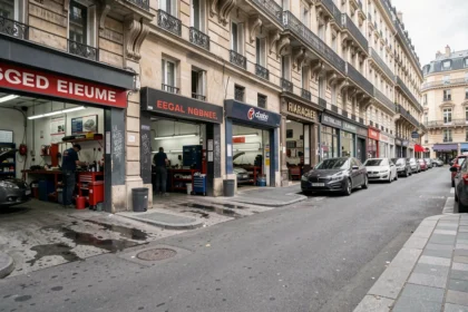 Vue de rue panoramique de garages automobiles parisiens avec mécaniciens au travail et façades haussmanniennes en arrière-plan