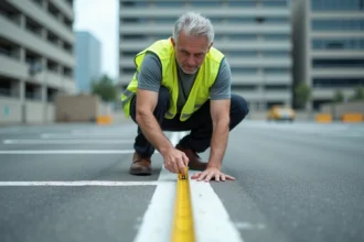 Ingénieur mesurant la largeur d'une place de parking avec un mètre ruban sur un parking urbain en asphalte