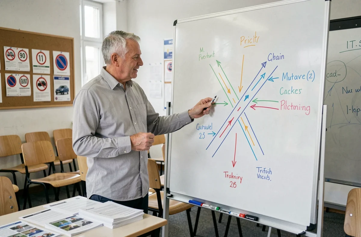 Moniteur d'auto-école expliquant un schéma de priorité routière devant un tableau blanc dans une salle de cours