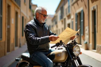 Motard en veste de cuir consultant une carte dans une rue pavée d'Agde avant d'explorer les quartiers à moto