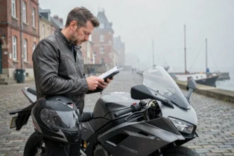 Motard comparant des offres d'assurance moto sur smartphone près du port de Dunkerque