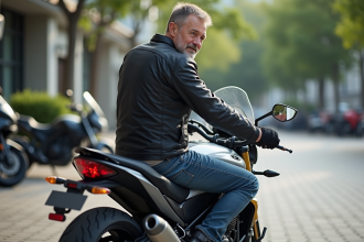 Motard homme en veste noire sur une moto en ville