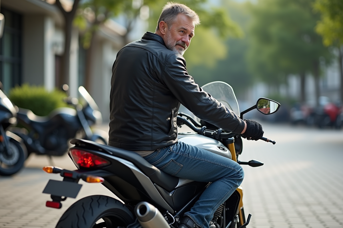 Motard homme en veste noire sur une moto en ville