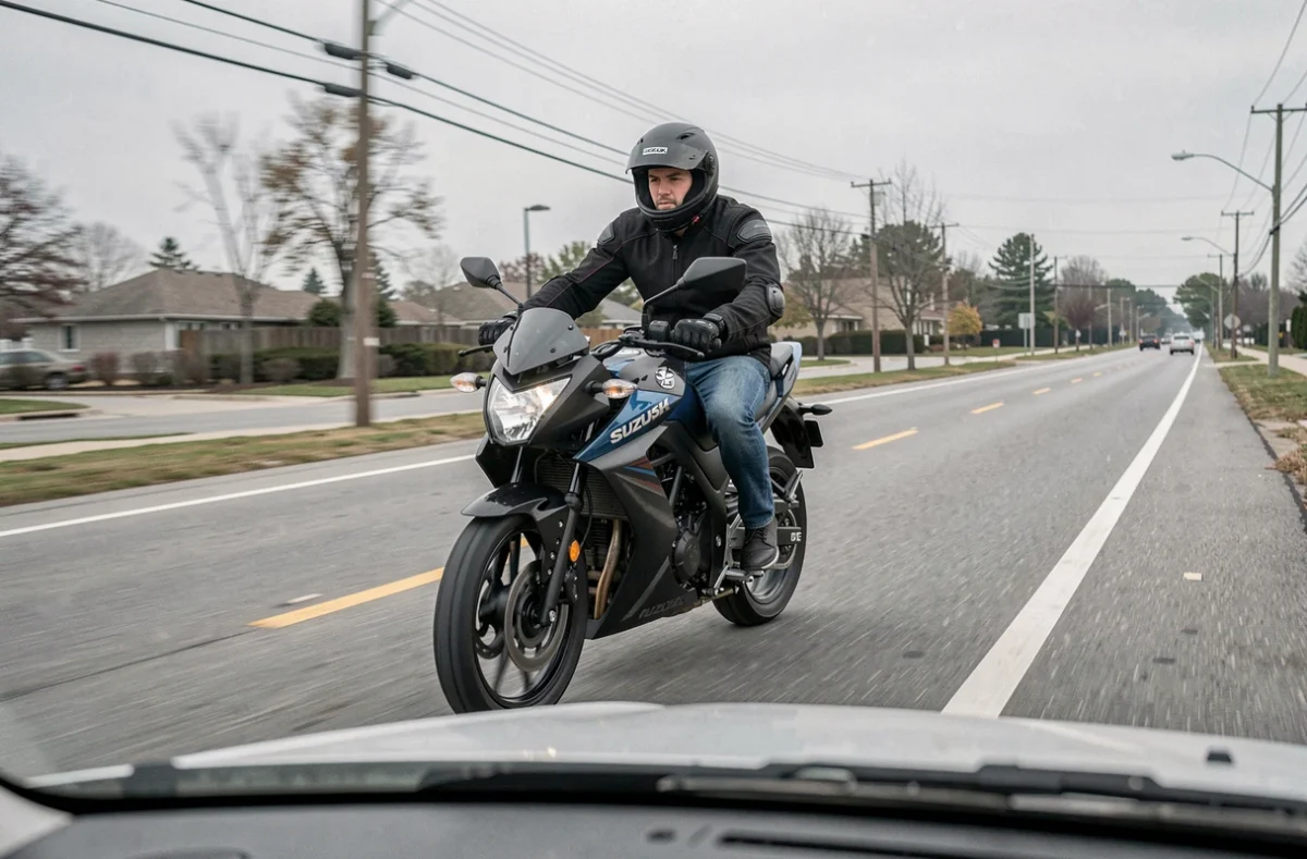 Jeune motard en veste textile sur une Suzuki GSX-S 125 en train de rouler sur une route suburbaine, perspective dynamique depuis un véhicule suiveuse