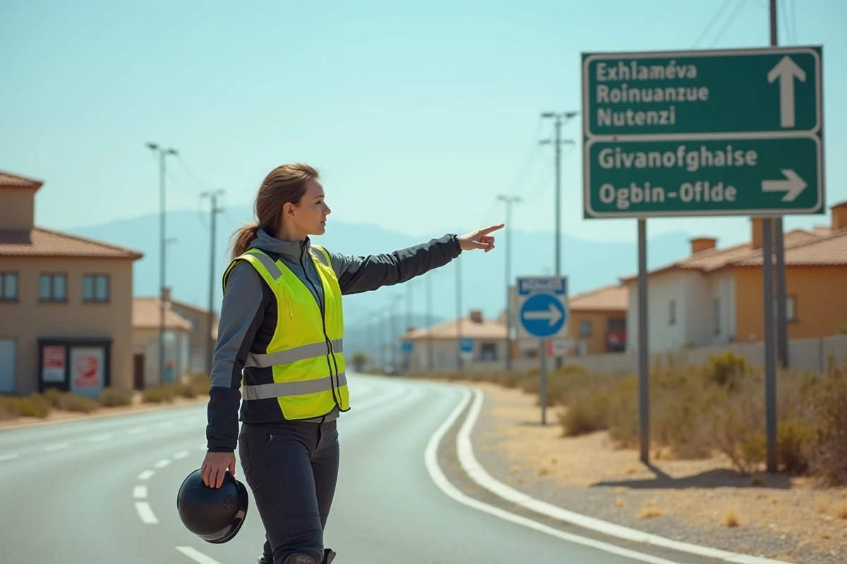 Motarde debout à un carrefour d'Agde indiquant un panneau directionnel vers les quartiers de la ville