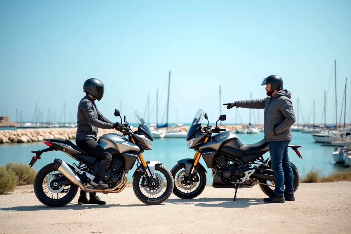 Deux motards discutant face au port de plaisance du Cap d'Agde, repérant les spots incontournables en moto