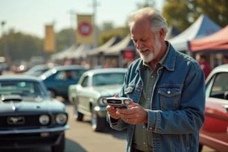 Homme passionne inspectant un emblem vintage Mustang
