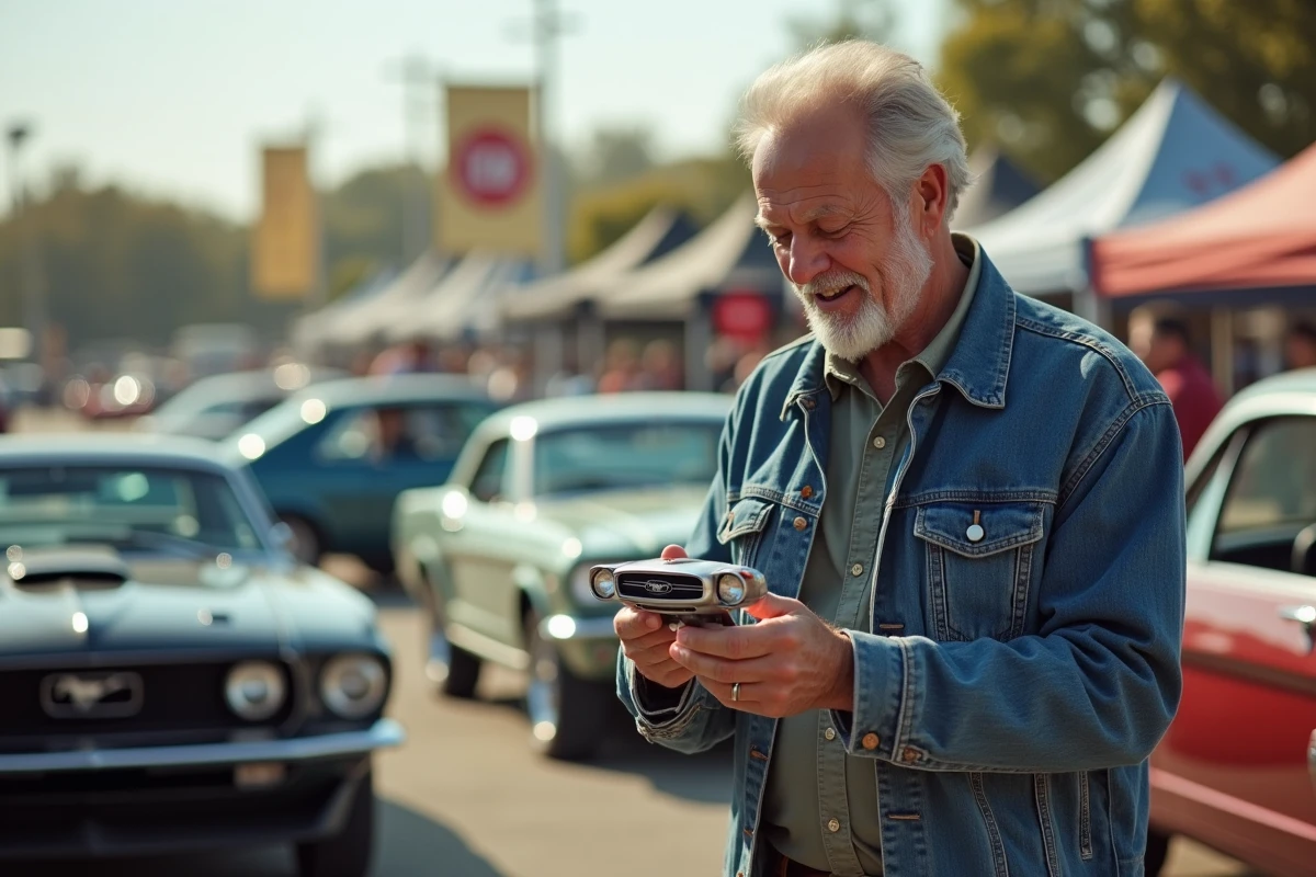 Homme passionne inspectant un emblem vintage Mustang