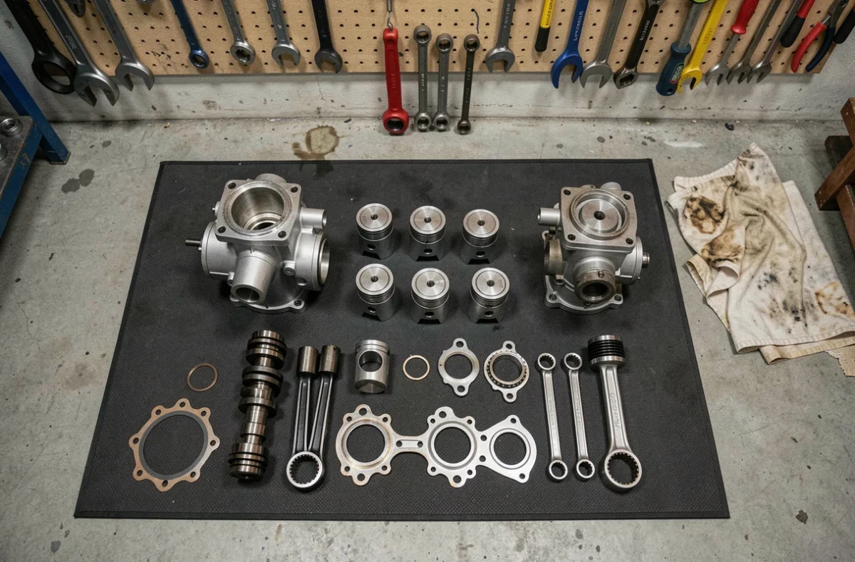 Moteur de voiturette sans permis entièrement démonté avec vilebrequin et pièces internes disposés sur un tapis d'atelier