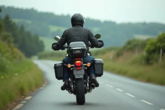 Couple à moto sur route de campagne avec bagages, passager confortablement installé en duo sur une moto routière