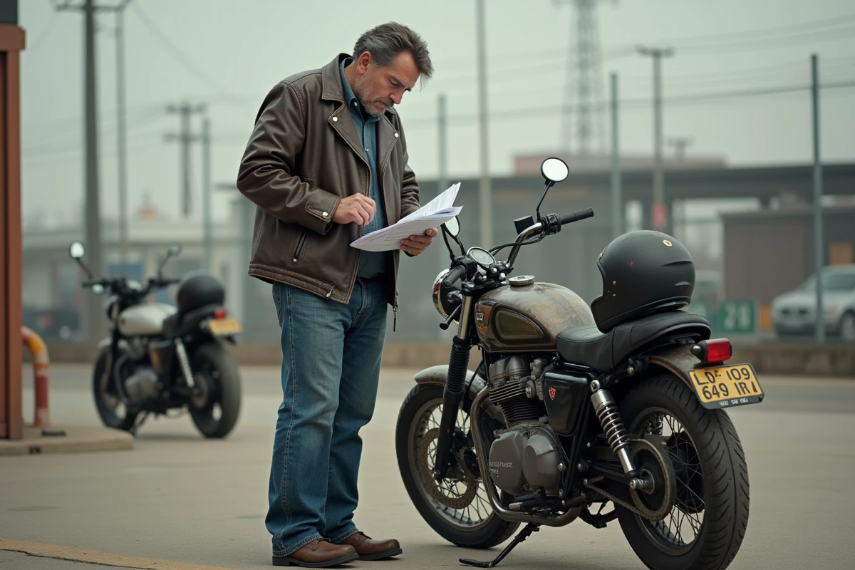 Motard homme vérifiant documents à côté de sa moto classique