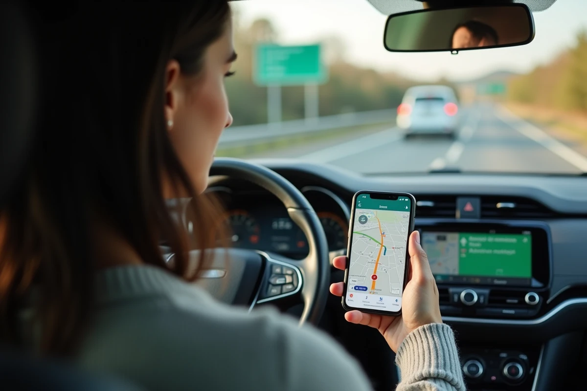 Femme consultant une application GPS sur smartphone avec carte des autoroutes françaises en voiture