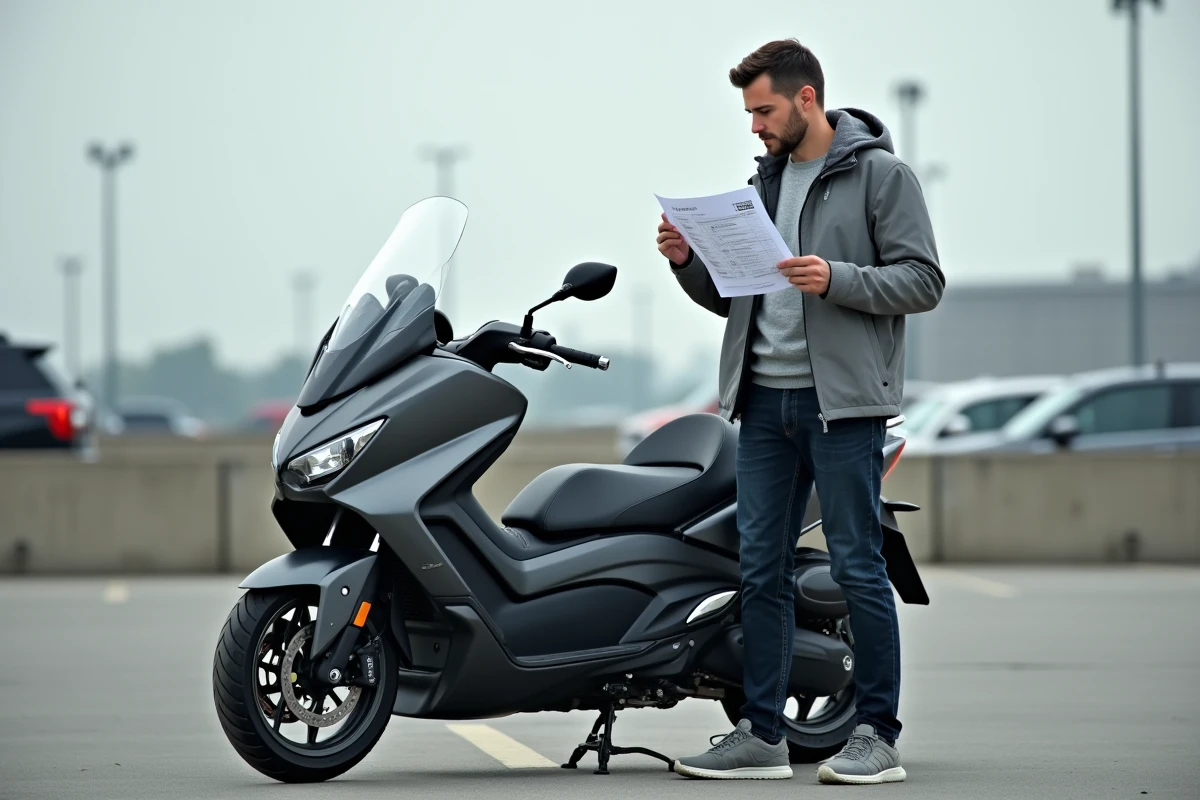Un homme en train de négocier le prix d'un Yamaha TMAX 750 d'occasion en consultant une fiche d'estimation