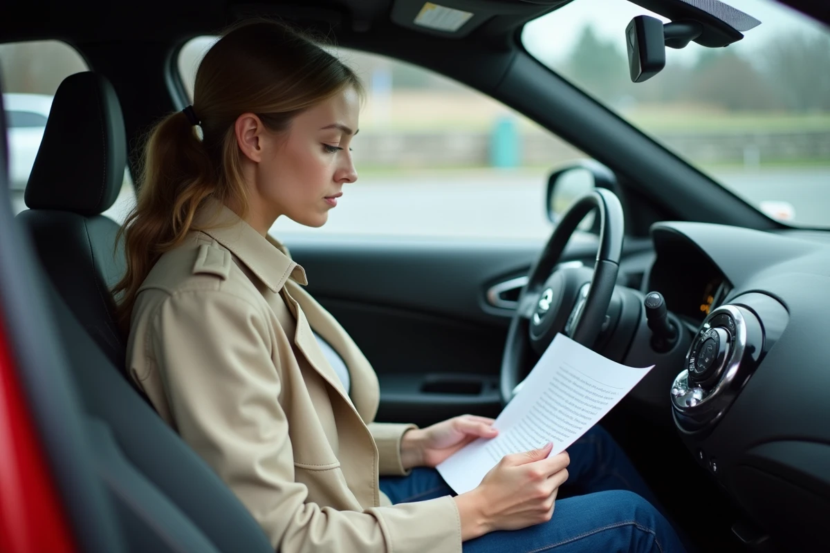 Femme consultant un contrat de leasing assise dans une Nissan Juke, intérieur du véhicule visible