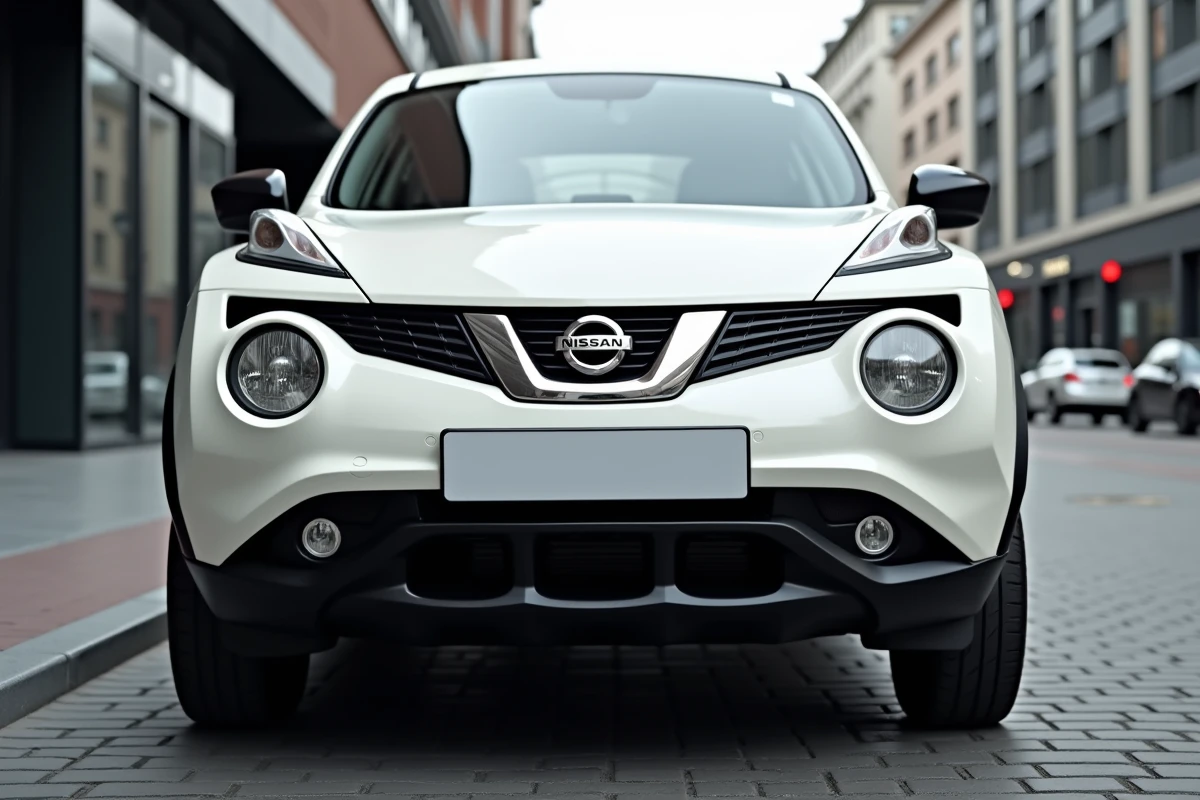 Nissan Juke blanc garé en ville, vue trois quarts avant sur une rue urbaine moderne