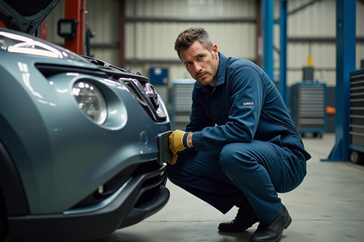 Mécanicien inspectant le moteur d'une Nissan Juke grise dans un garage automobile professionnel