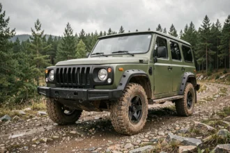 Nouveau Lada Niva 2026 en version tout-terrain garée sur un chemin de montagne rocailleux entouré de forêts de pins