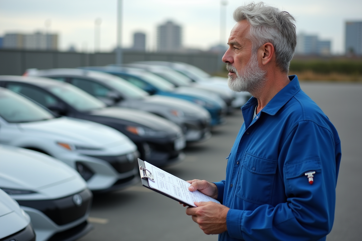 Ouvrier auto en coverall bleu près de voitures hybrides