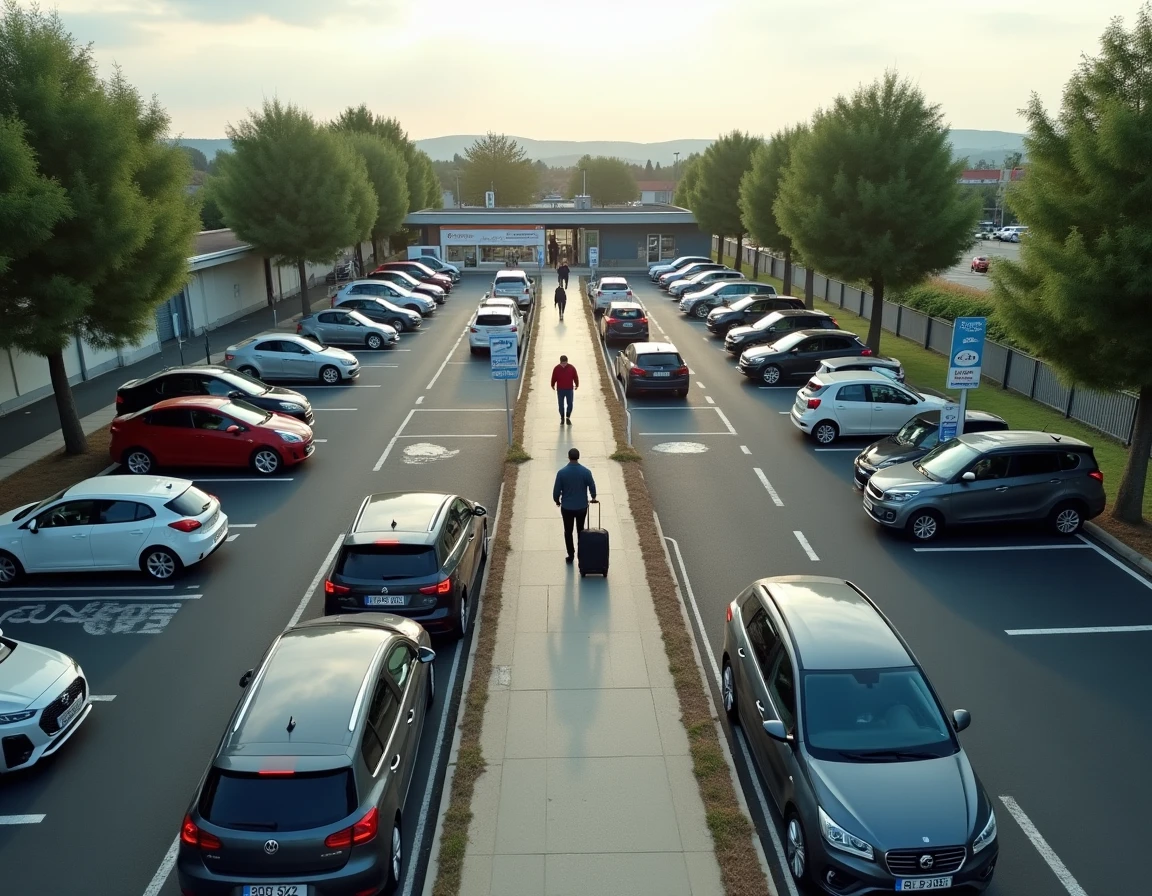 Vue en plongée d'un parking relais en périphérie de Colmar avec navette et piéton tirant une valise vers l'arrêt de bus