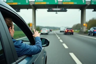 Voiture franchissant un péage d'autoroute gratuit en France grâce au télépéage Liber-t